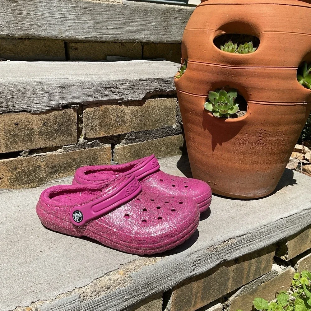Crocs Youth Classic Fur Lined Pink‎ Clog Sparkle Glitter Fuzzy Size Junior 3